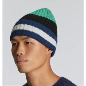 NWT Everlane Unisex The Cashmere Wool Beanie Hat Green Navy One Size
